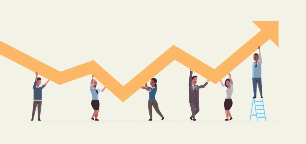 Illustration showing a group of professionals collectively lifting and supporting an upward moving zigzag arrow, symbolising long term business growth achieved through teamwork and sustained effort. In the context of brand marketing vs performance marketing, the image represents how consistent brand building and strategic actions together drive stable growth over time, rather than short term spikes alone.