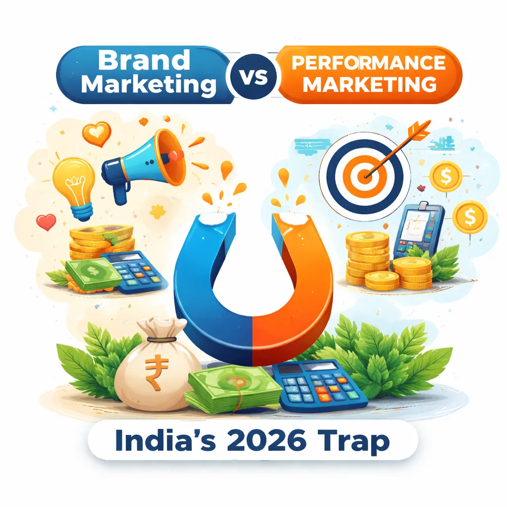 Illustration comparing brand marketing vs performance marketing, shown as two sides of a large magnet attracting business growth. Brand marketing is represented with icons like a megaphone, light bulb, hearts, and stacked coins, symbolising awareness, trust, and long term value. Performance marketing is shown with a target, charts, calculator, and money symbols, representing metrics, conversions, and short term results. The image highlights the tension between building brand value and chasing performance driven growth.