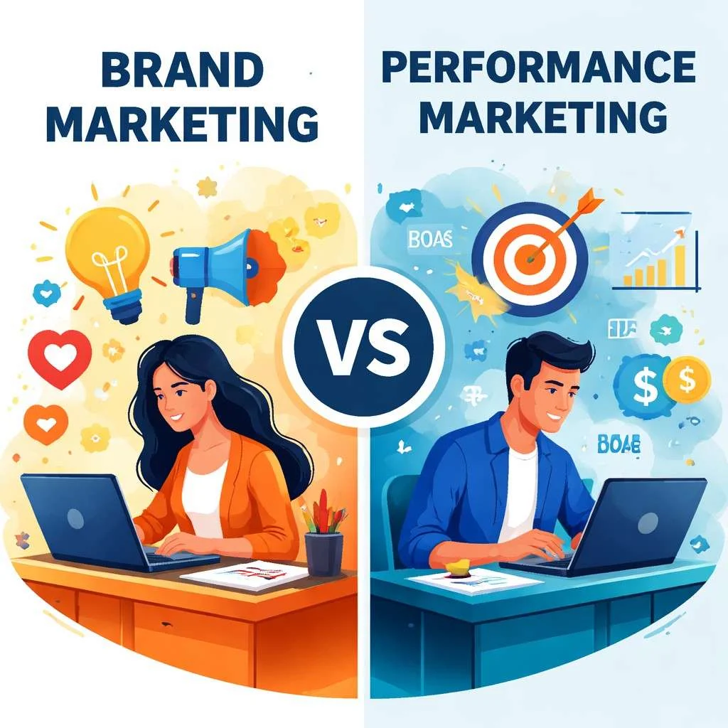 Illustration showing brand marketing vs performance marketing. On the left, brand marketing is represented by a woman working calmly with creative icons like a light bulb, heart, and megaphone, symbolising awareness, trust, and long-term brand building. On the right, performance marketing is shown by a man focused on a laptop with charts, targets, and dollar symbols, representing metrics, conversions, and short term results.