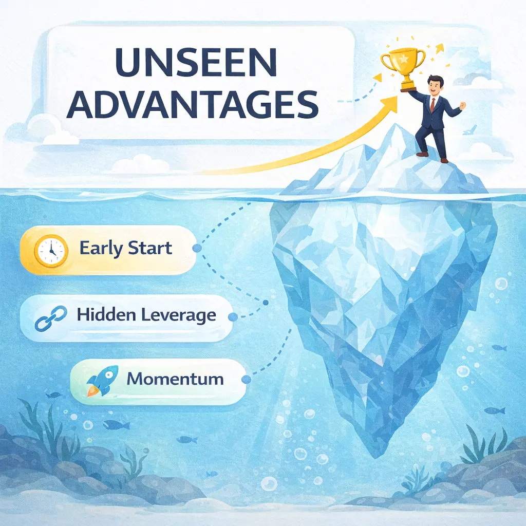 Illustration showing unseen advantages of growth, with a businessman holding a trophy on top of an iceberg while hidden layers below represent early start, hidden leverage, and momentum, symbolizing long term strategy and insight helping personal branding on social media.