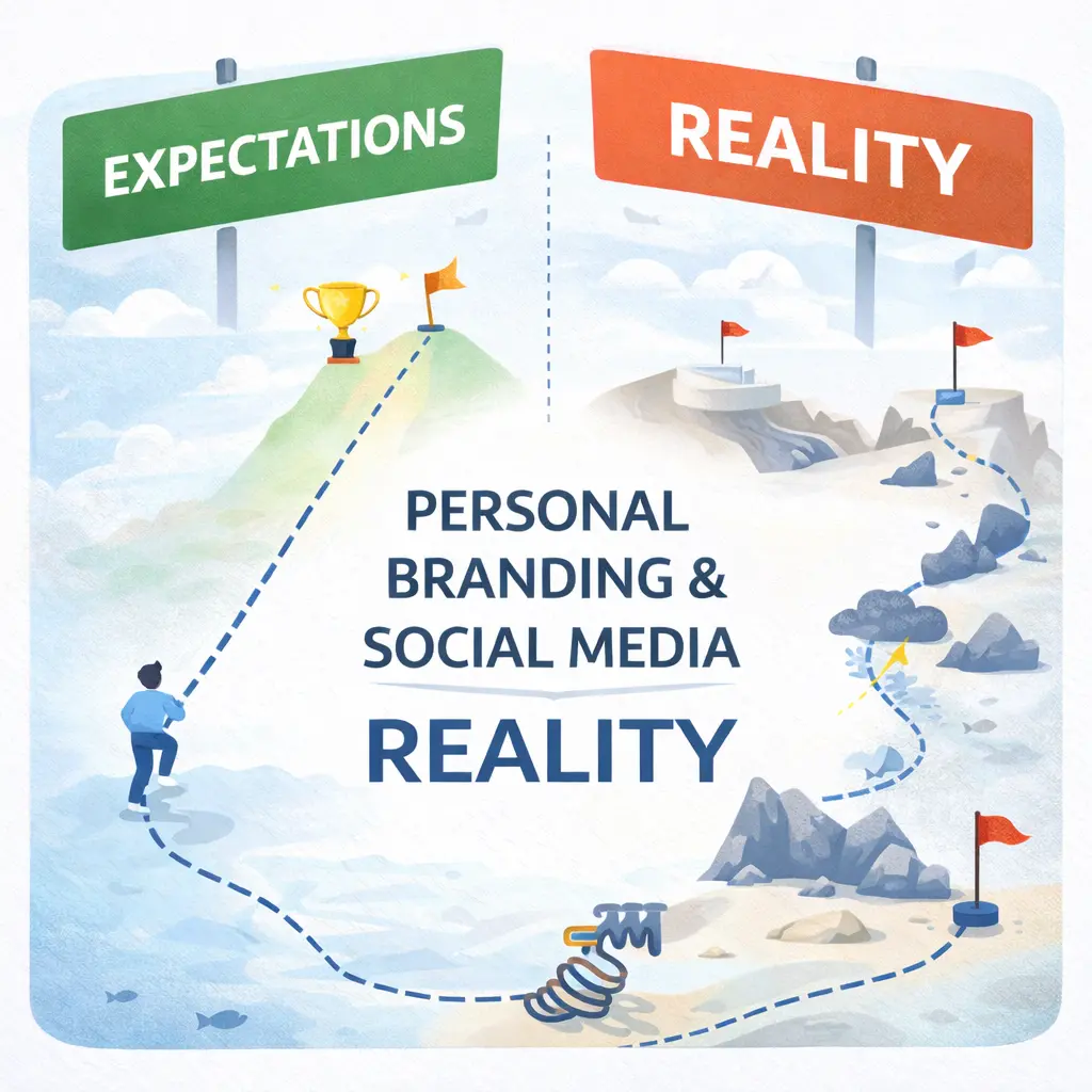 Illustration comparing expectations versus reality in personal branding on social media, showing a smooth upward path to success on one side and a rocky, winding path with obstacles on the other, reflecting the real journey understood by marketing experts.