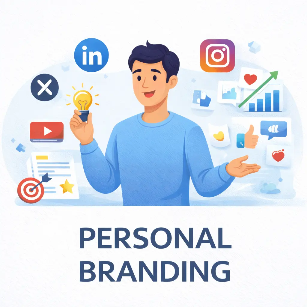 Illustration of a man holding a light bulb to represent ideas, surrounded by social media icons, growth charts, likes, and content tools, showing personal branding on social media and online marketing strategy.