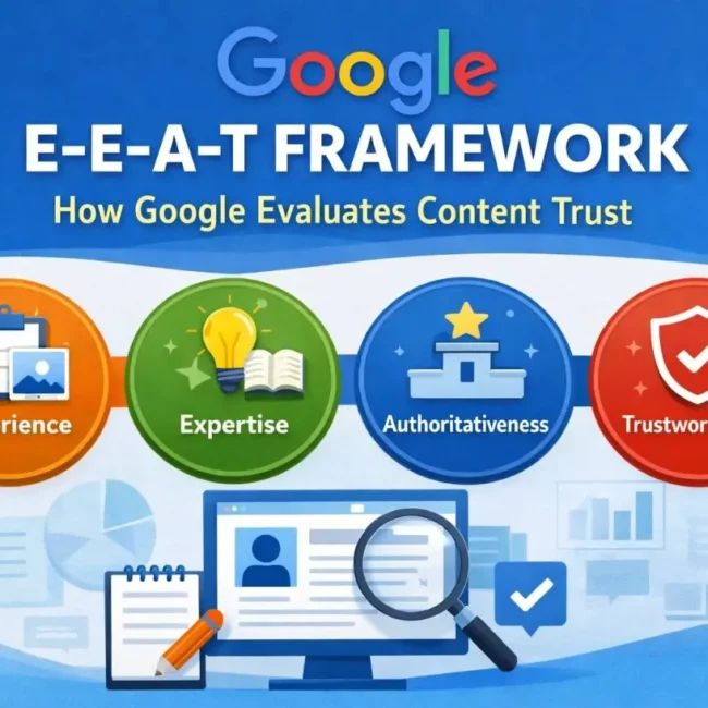 Illustration explaining the Google E-E-A-T framework, showing four key elements—experience, expertise, authoritativeness, and trustworthiness—used to evaluate content trust and quality.