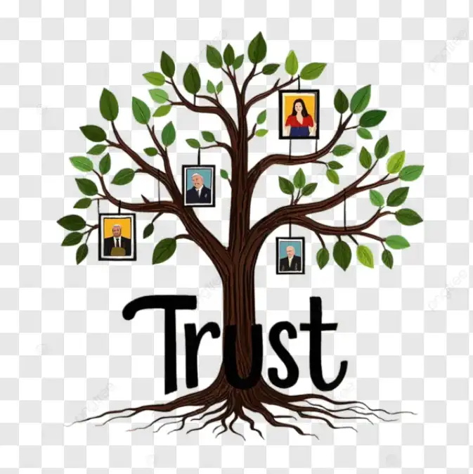 Illustration of a tree labeled “Trust,” with deep roots and branches holding portraits of people, symbolizing how relationships and credibility grow over time to build strong Brand Trust.